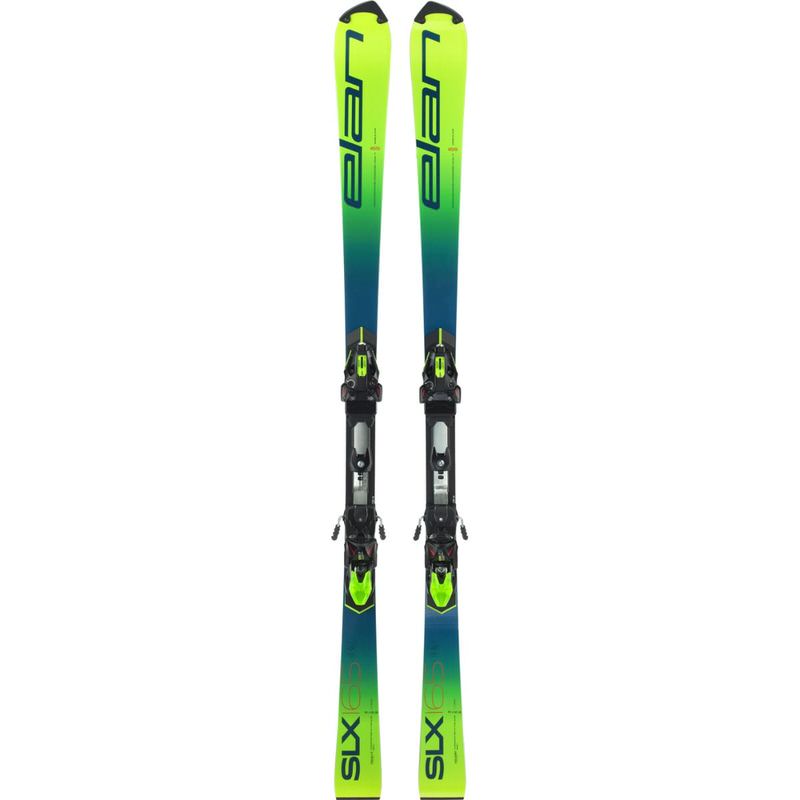 Zwei Elan SLX World Cup Ski mit Tyrolia Freeflex Bindung von oben, in Grün, Blau und Schwarz.