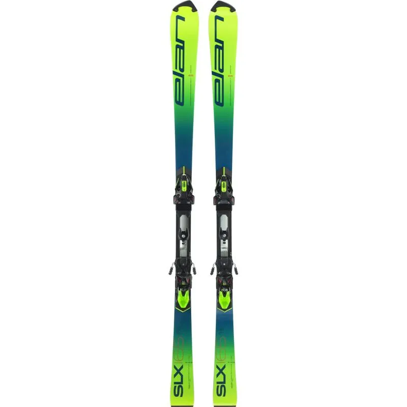 Zwei Elan SLX World Cup Ski mit Tyrolia Freeflex Bindung von oben, in Grün, Blau und Schwarz.