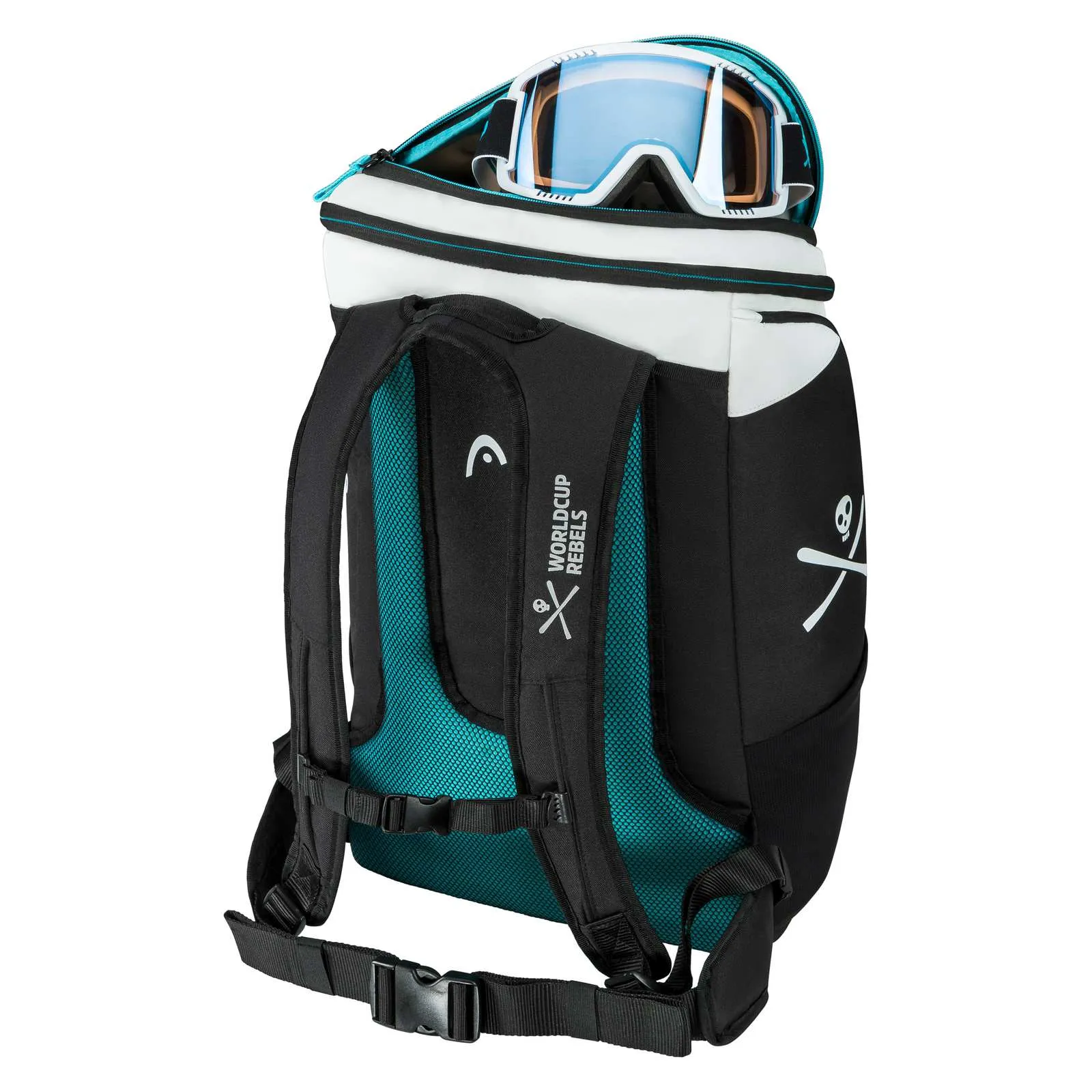 Sac à dos Head Rebels noir avec partie dorsale turquoise et masque de ski en haut dans le compartiment ouvert.