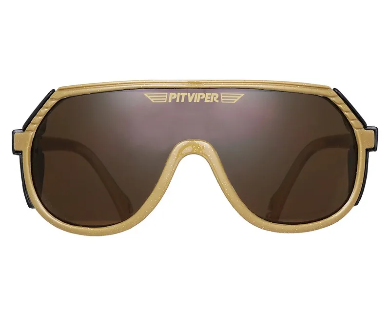 Gold-colored Pit Viper sunglasses with brown lenses and the Pit Viper logo above the nose.