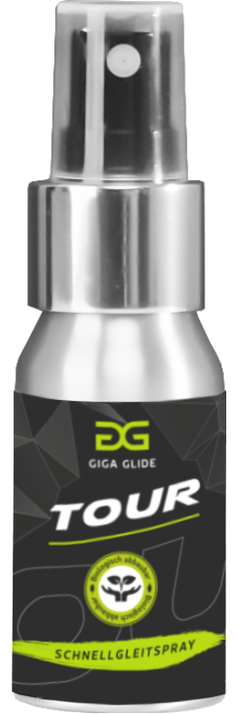 Vaporisateur GigaGlide Argent Vaporisateur argenté GigaGlide Tour avec banderole noire et inscription jaune.