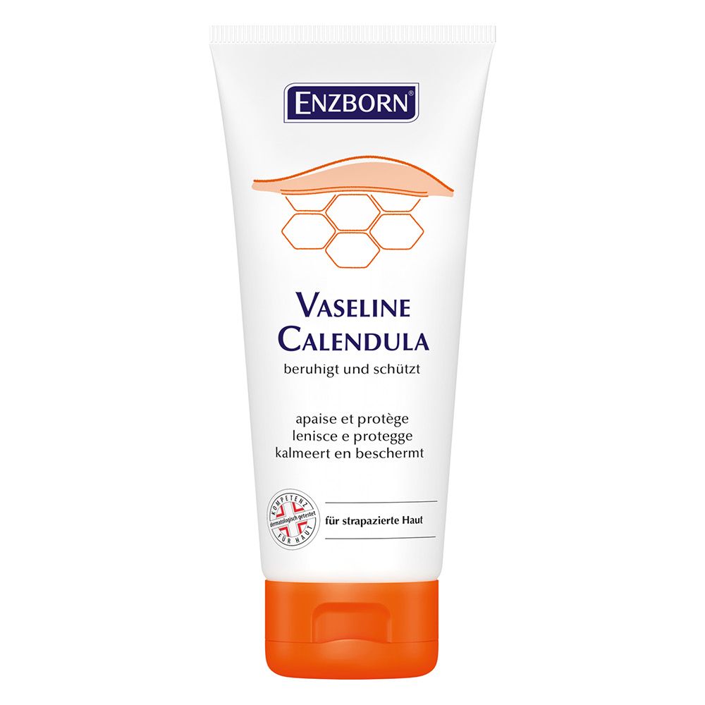 Tube blanc "Enzborn Vaseline Calendula " avec couvercle orange. Inscription et illustration d'une structure en nid d'abeille. Texte en allemand, français, italien et néerlandais.