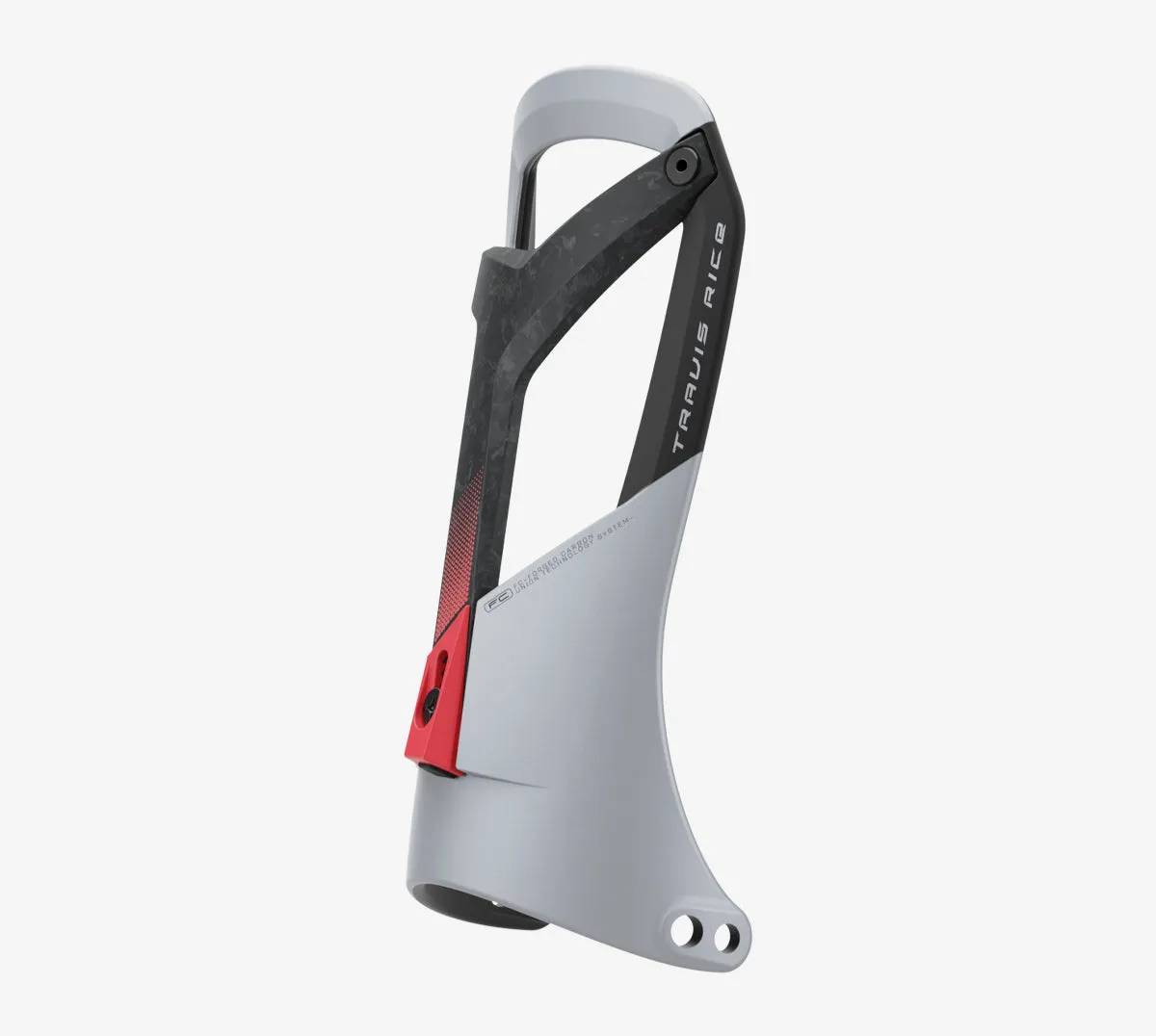 Nahaufnahme einer Union Falcor Snowboardbindung in Schwarz/Grau mit rotem Akzent, Highback mit "Travis Rice" Schriftzug.
