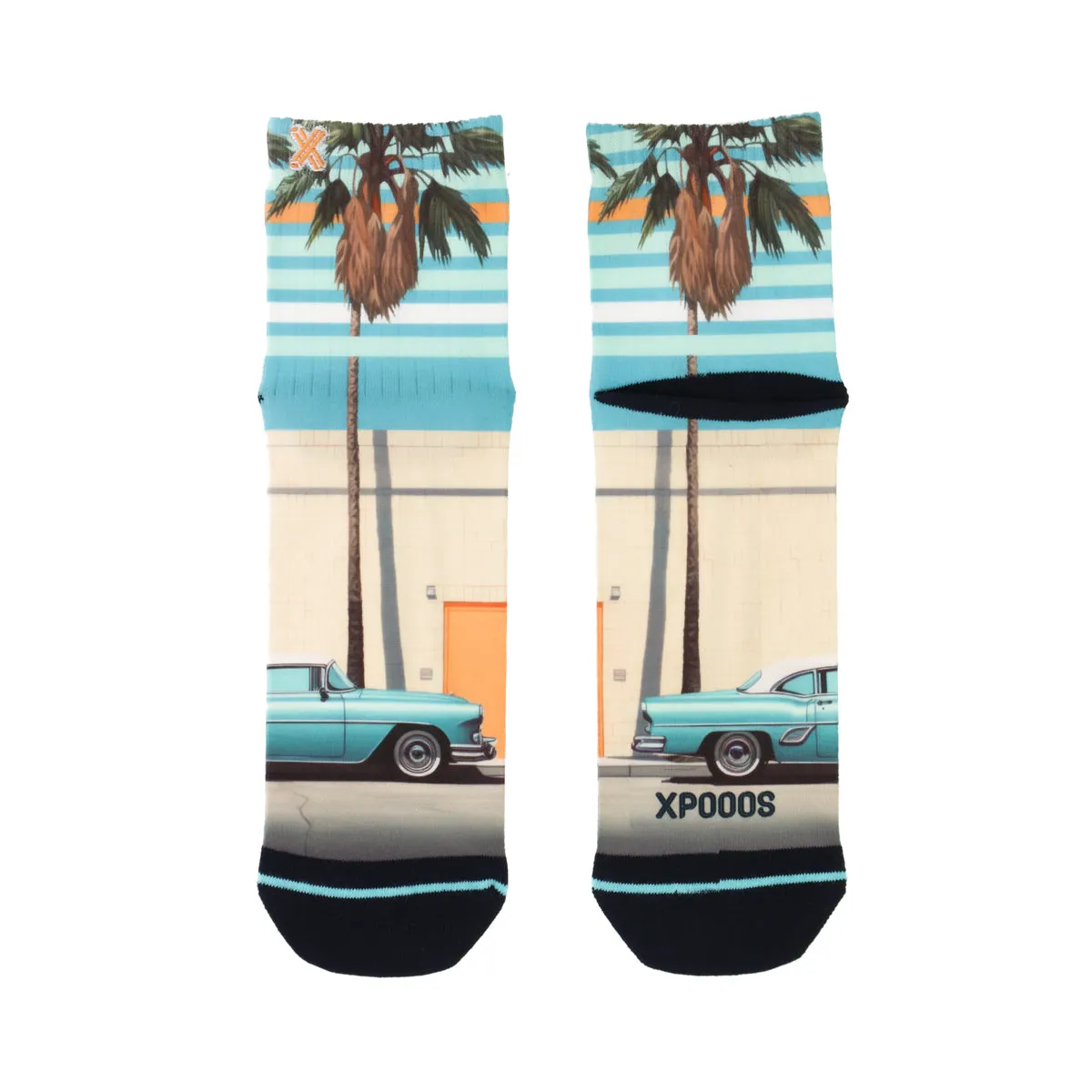 Two quarter socks with Miami motif: palm trees, blue car and stripe pattern.