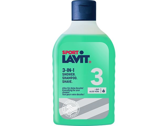 Gel douche SPORT LAVIT Bouteille verte de gel douche SPORT LAVIT 3en1 avec couvercle bleu, texte et logo.