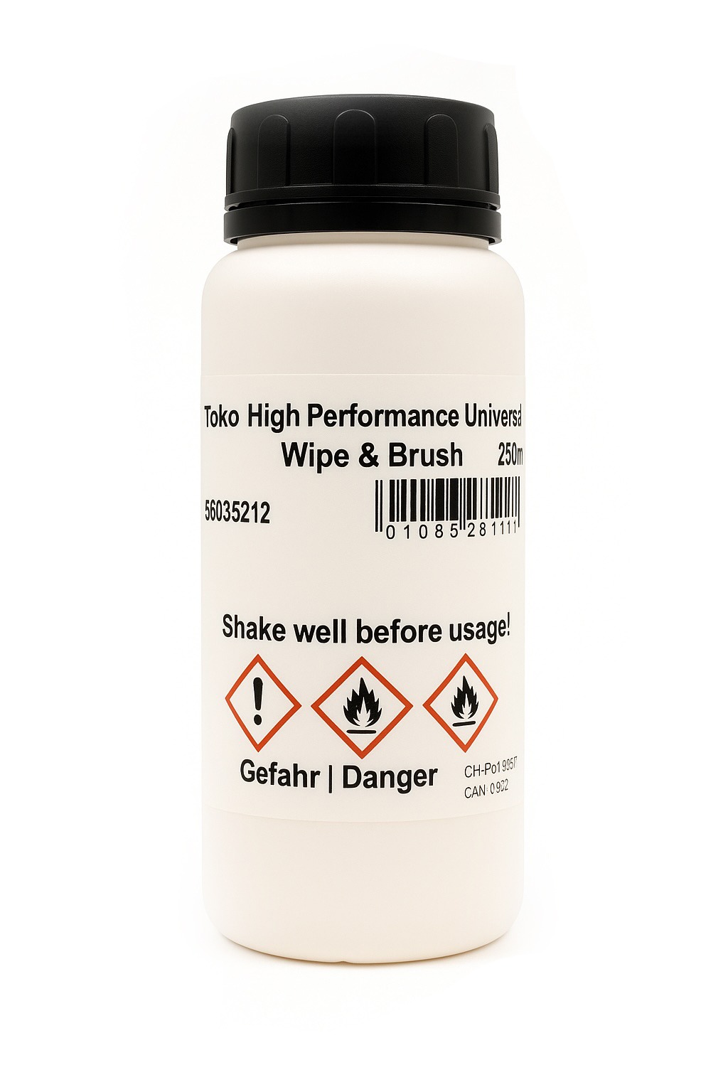 Weiße Flasche Toko High Performance Universal Wipe & Brush mit schwarzem Deckel, Warnhinweisen und Barcode.