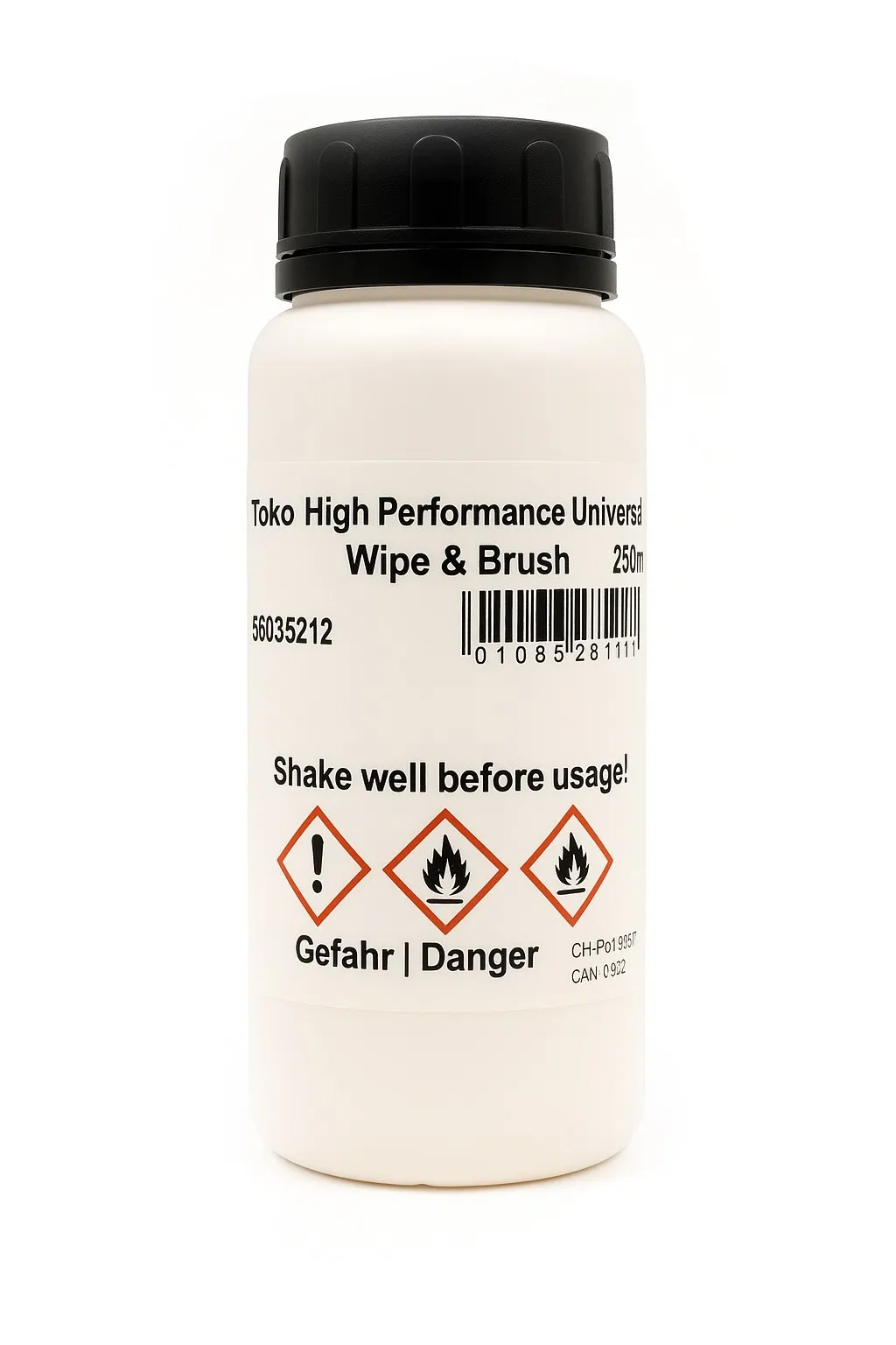 White bottle Toko High Performance Universal Wipe & Brush with black cap, warnings and barcode.