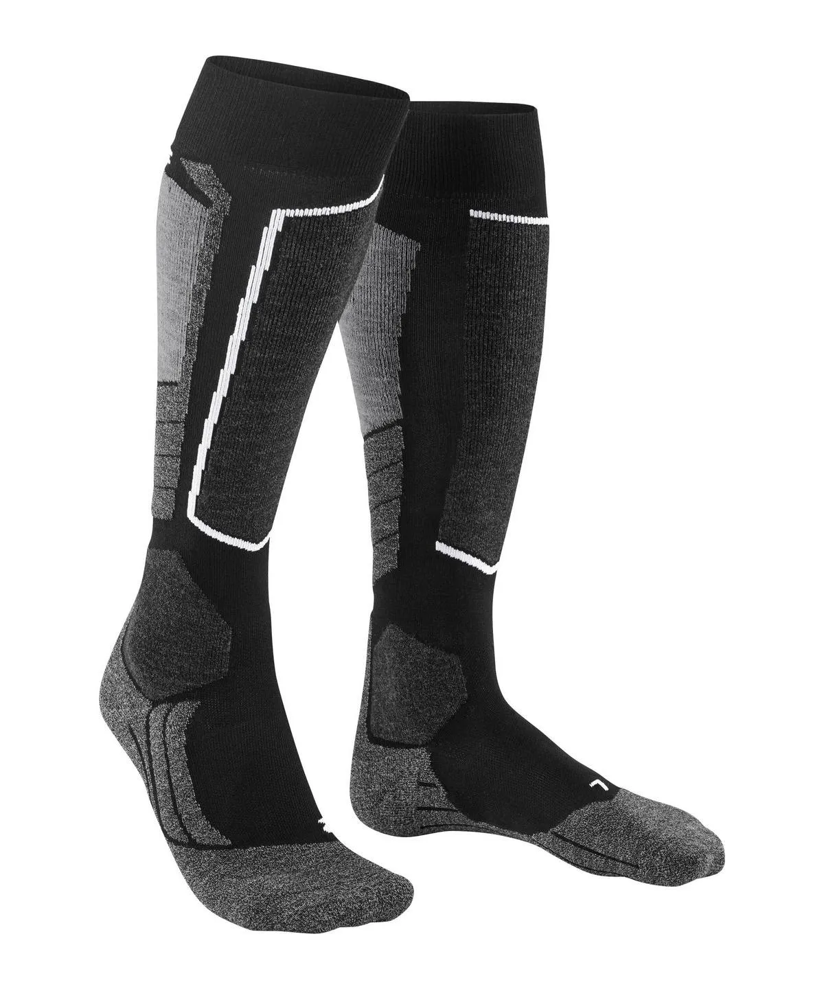 A pair of black and dark gray knee-high sports socks on a white background. The socks feature reinforced areas on the shin, heel, and toes, highlighted by lighter gray patterns and fine white lines to provide comfort and support.
