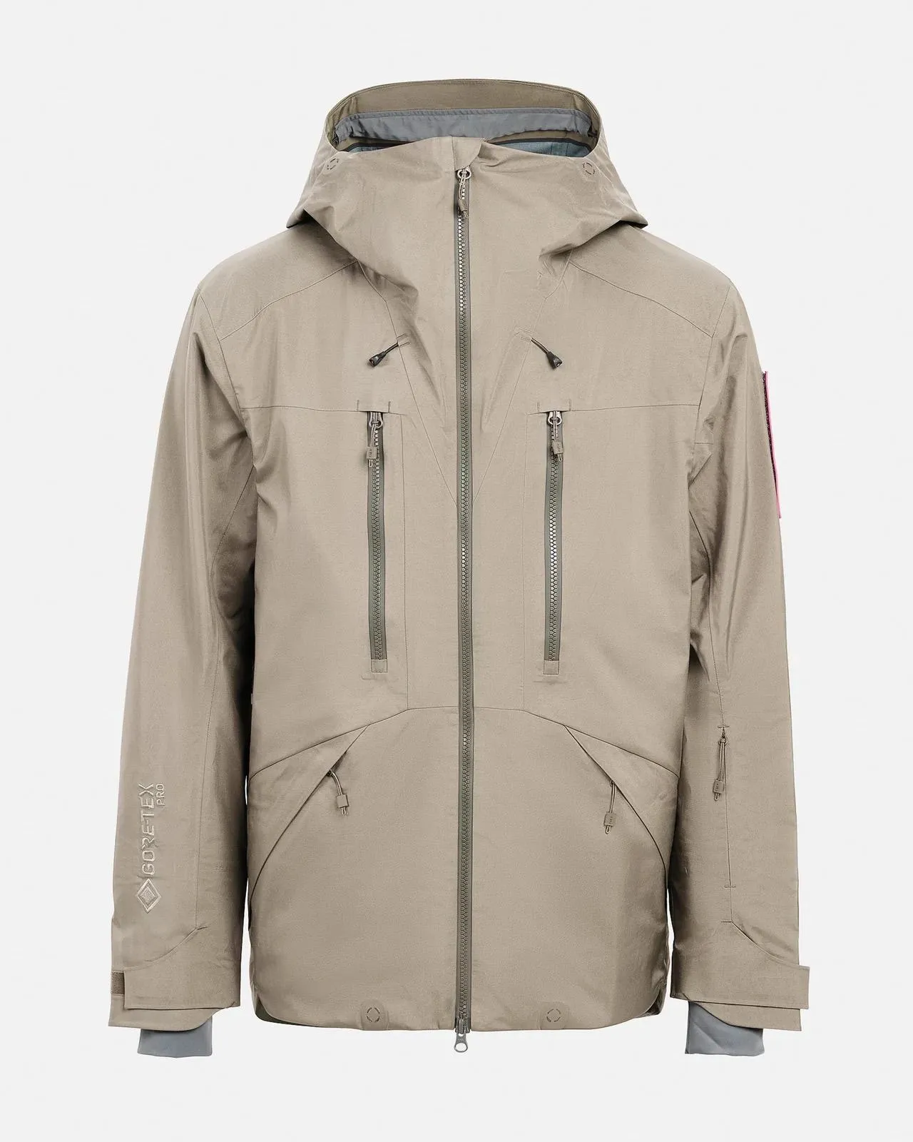 Seneca Rock colored Z-2 EPE 3L shell jacket with hood and zippers, front view.