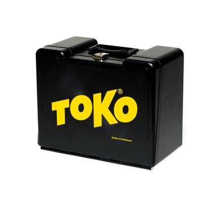 Schwarze Toko Handy Box mit drei Schubladen und Tragegriff, seitliche Schubladen erkennbar, Toko Logo gelb.