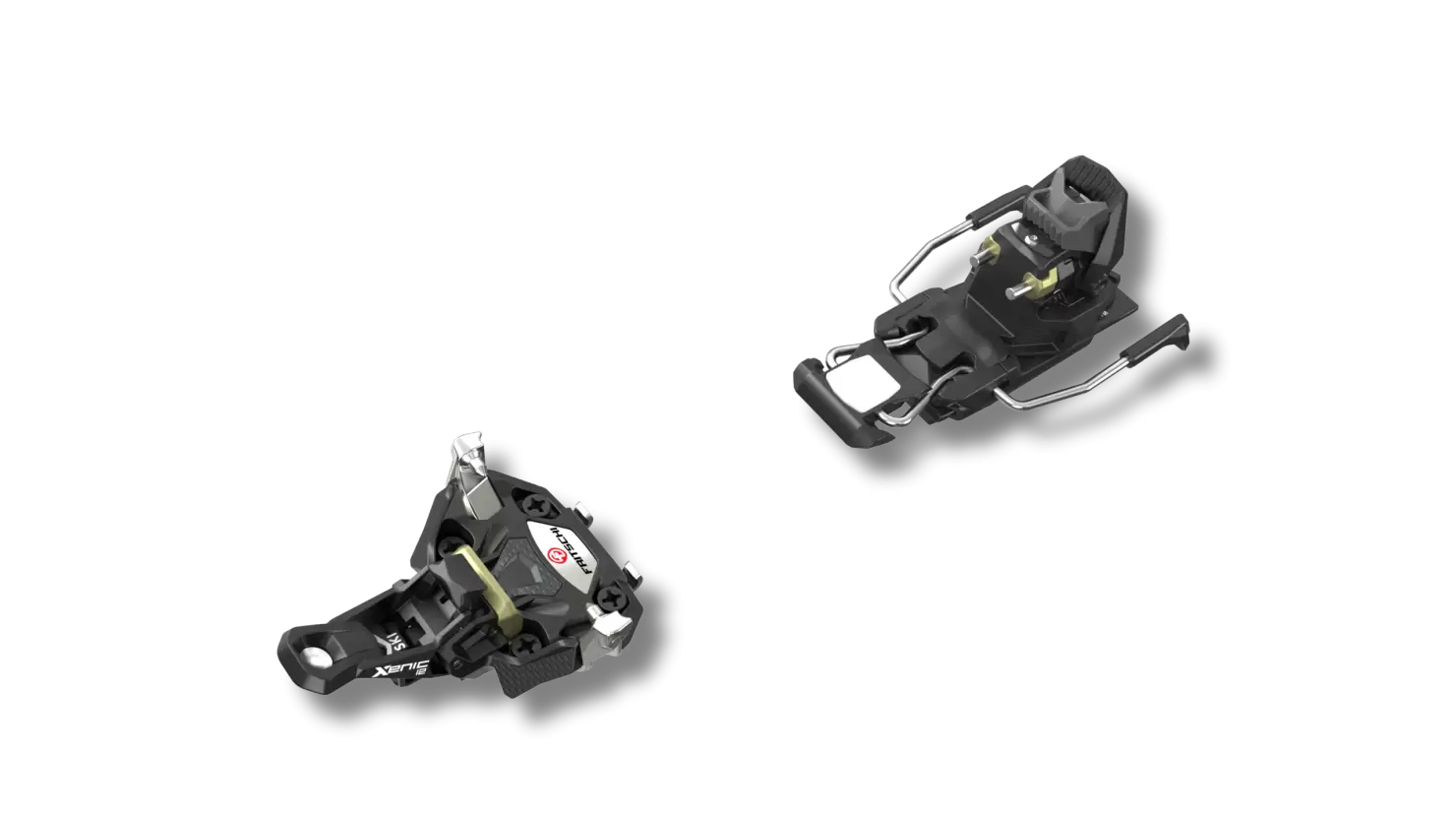 Fritschi Fixations Xenic Plus 12 Deux fixations de randonnée Fritschi Xenic Plus 12, une avant et une arrière, isolées sur un fond noir.