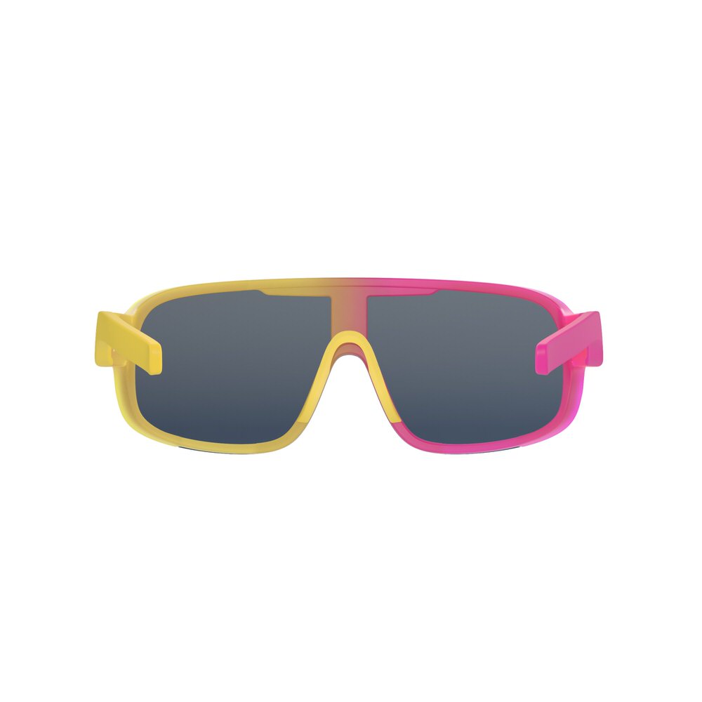 Transparent POC Aspire Mid goggles with yellow and pink frame, gray lenses, front.