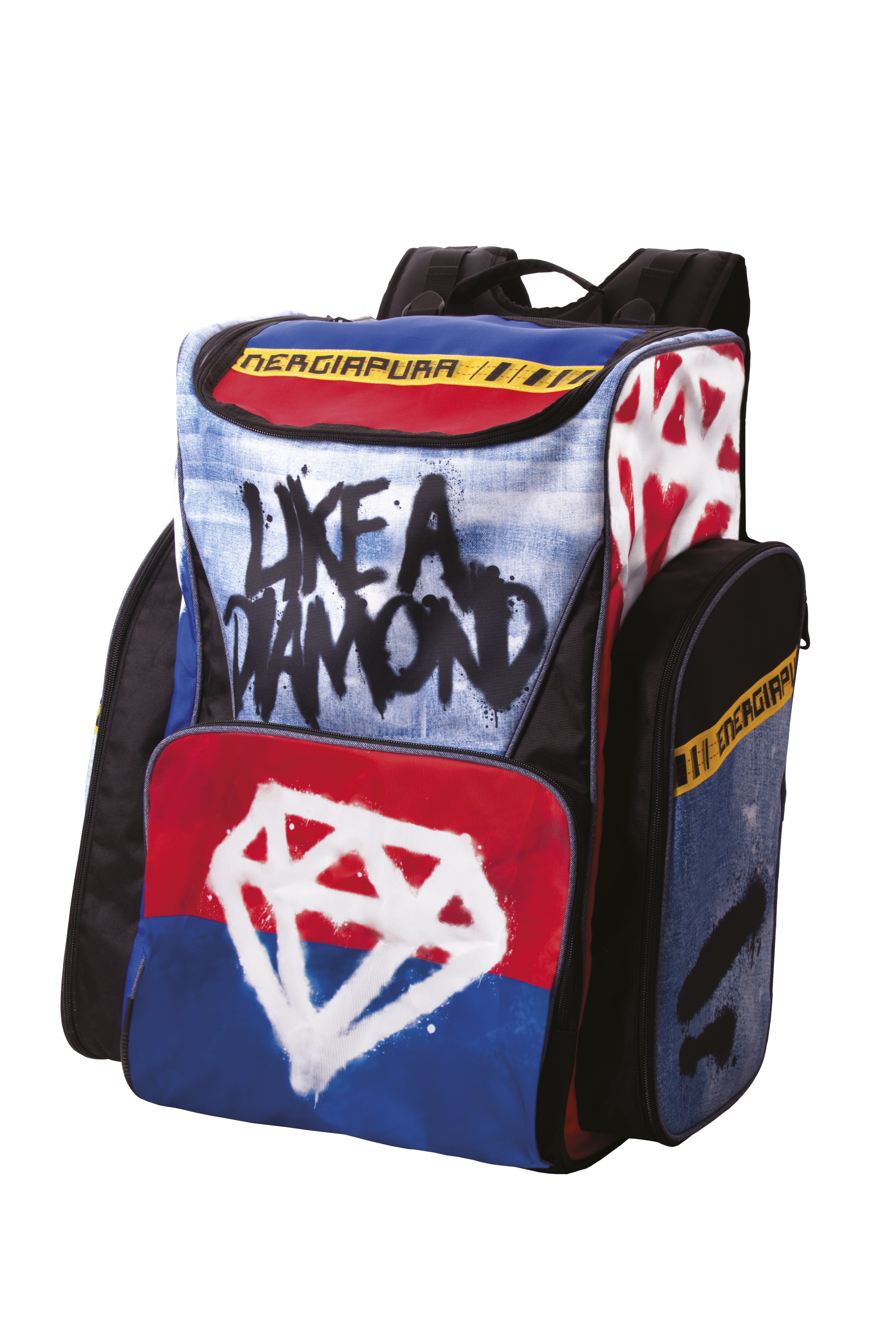 Blau-rot-weisser Rucksack im Jeans-Look mit seitlichen Taschen und dem Aufdruck "Like a Diamond".
