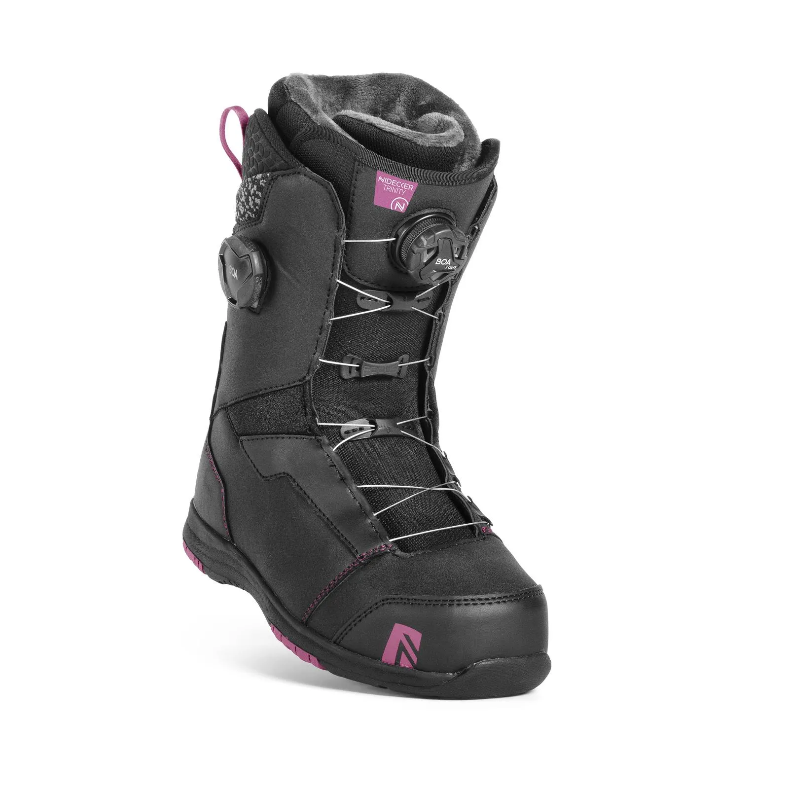 Black snowboard boot Nidecker Trinity with lacing system and purple accents, side view.