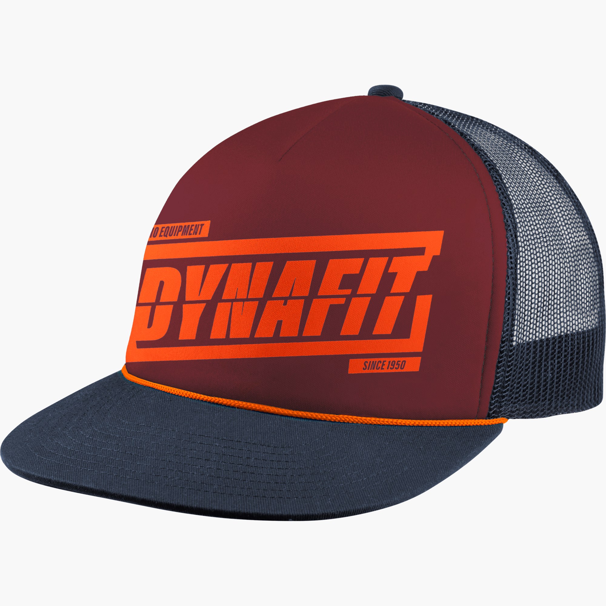 Dark red Dynafit trucker cap with logo print and blue visor, as well as mesh fabric at the back of the head.