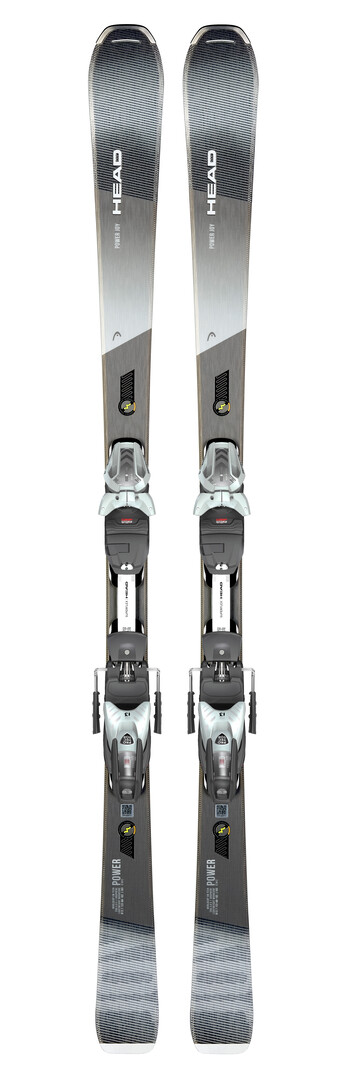 Paar Ski "Head Power Joy" mit montierter Bindung, von oben aufgenommen, grau-weißes Design.