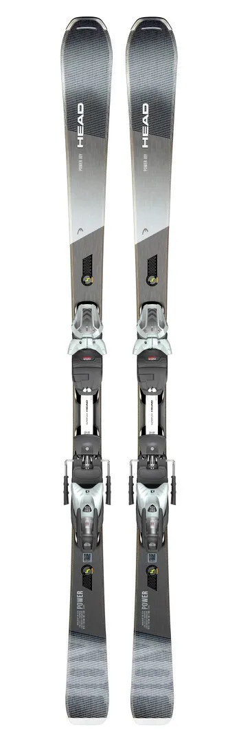 Paar Ski "Head Power Joy" mit montierter Bindung, von oben aufgenommen, grau-weißes Design.
