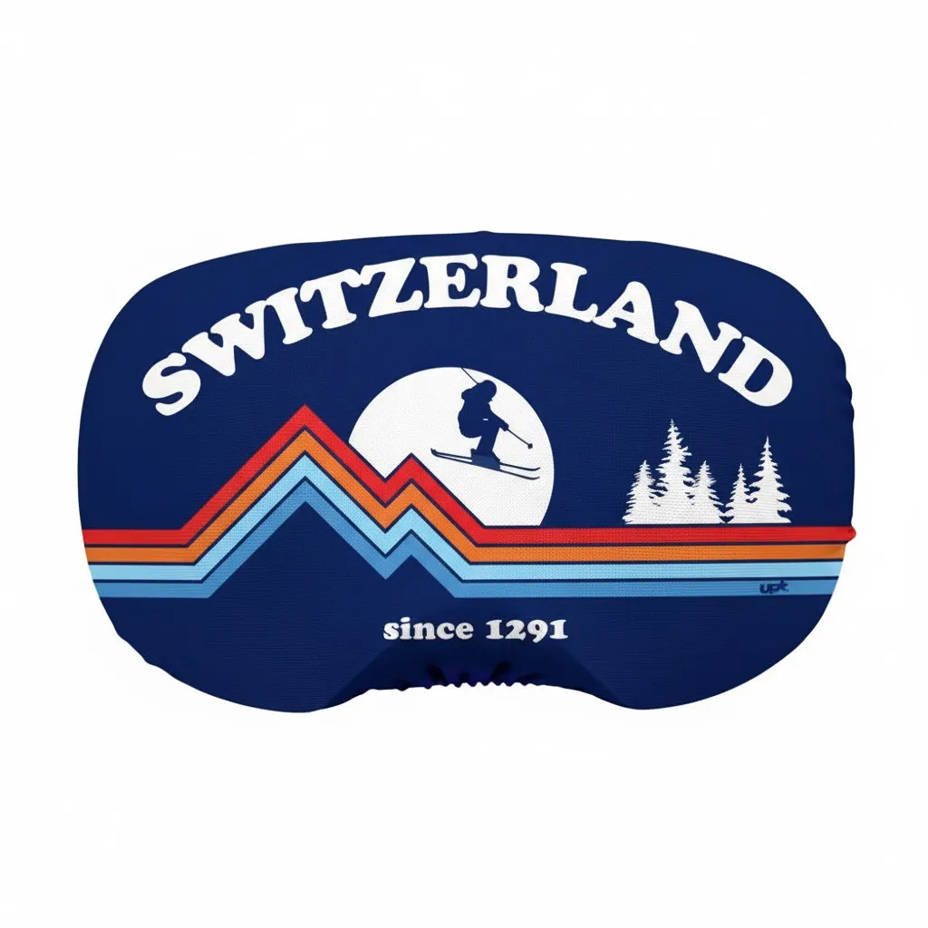 Skibrille mit Aufdruck "Switzerland", Skifahrer vor Bergpanorama, Tannenbäume und dem Schriftzug "since 1291".