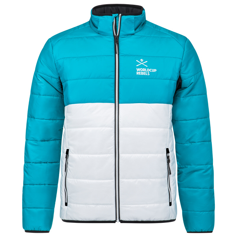 Die Head Race Kinetic Jacket Men ist eine zweifarbige Steppjacke in Türkis und Weiß mit Reißverschluss.