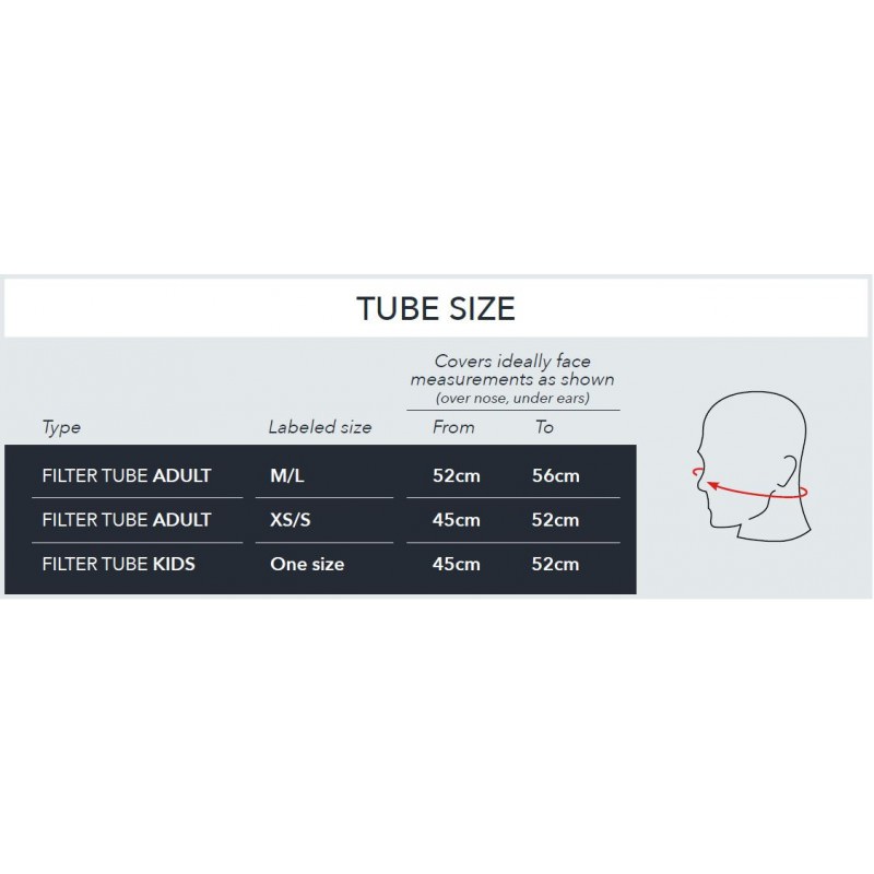 Tableau des tailles pour Buff Filter Tube avec les mesures pour adultes et enfants.
