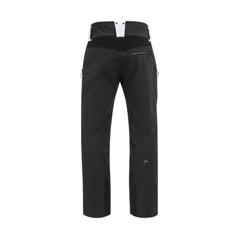 Pantalon de ski Head PORSCHE noir pour hommes, placé au milieu, avec une ceinture blanche et des poches latérales zippées.
