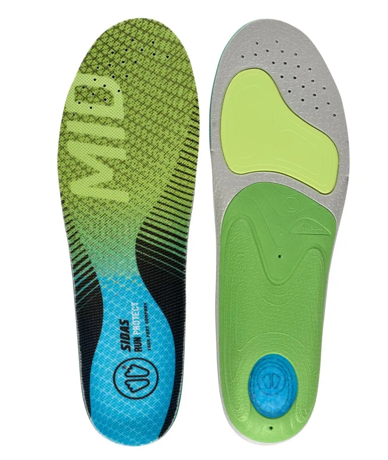 Two Sidas 3 Feet Run MID insoles, top and bottom view. Green, blue, gray and with perforations.