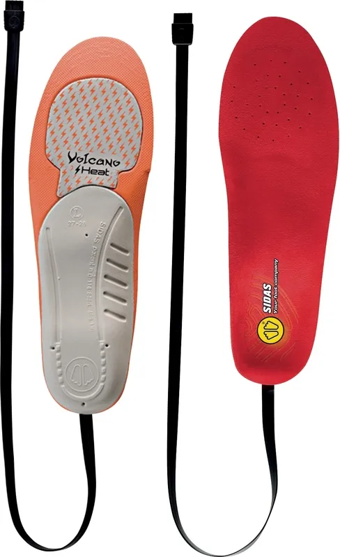 Two Sidas Volcano H heating insoles, orange and red, with cables, viewed from above.
