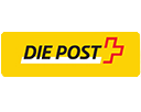 Gelbes Logo mit dem Schriftzug "DIE POST" und einem roten Schweizerkreuz mit weißem Rand.