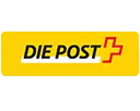 Gelbes Logo mit dem Schriftzug "DIE POST" und einem roten Schweizerkreuz mit weißem Rand.