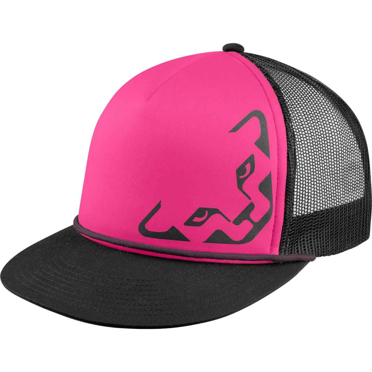Casquette trucker rose Dynafit avec visière noire, empiècement en mesh et logo de la marque imprimé.