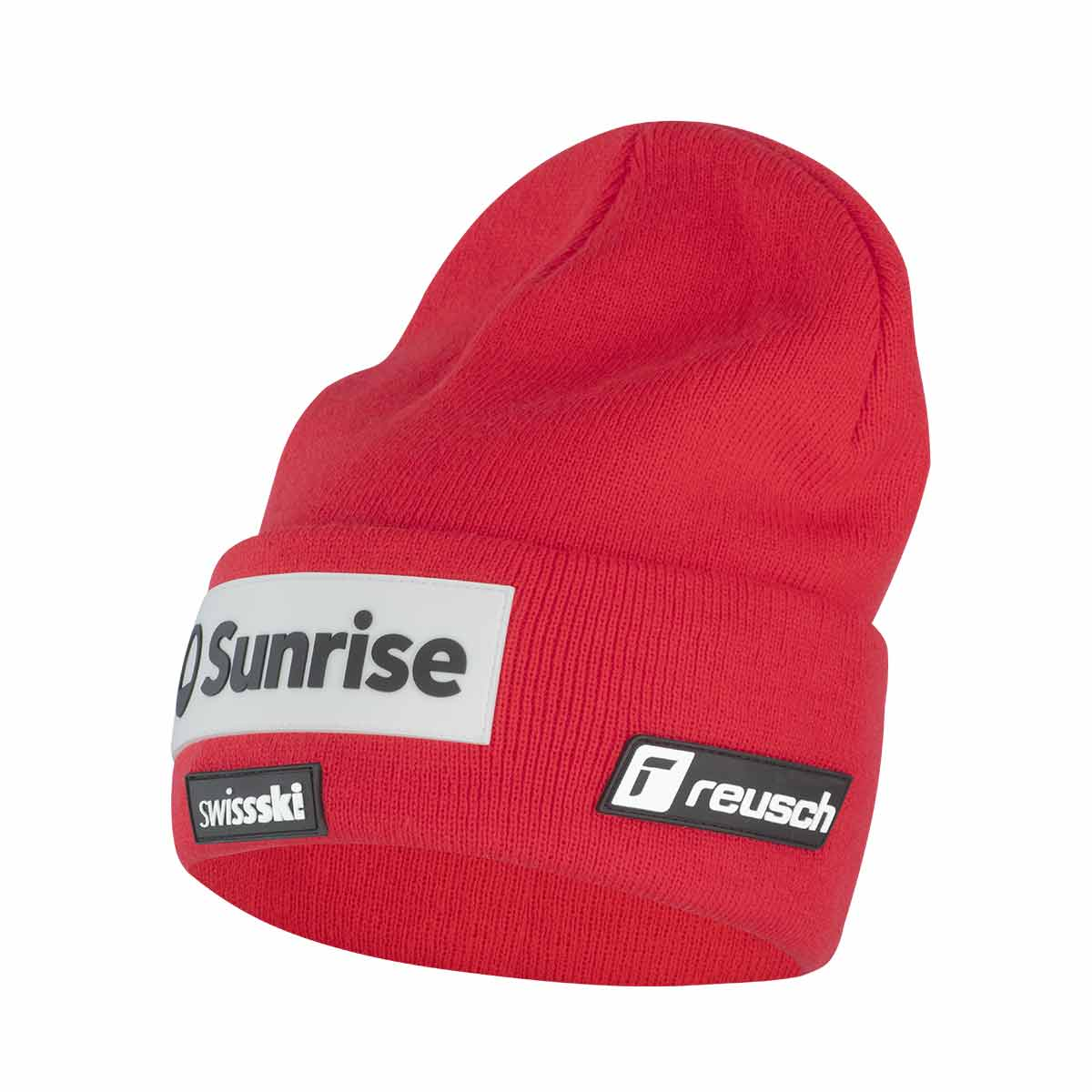 Red Reusch Swiss-Ski Street Beanie with logos "Sunrise", "SwissSki" and "Reusch".
