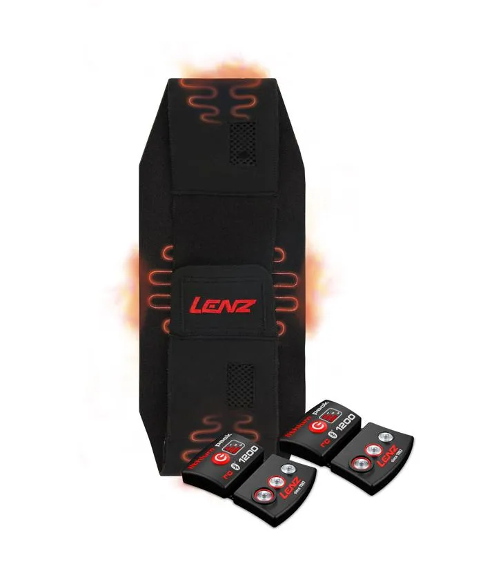 Ceinture rénale chauffante noire de Lenz avec deux accumulateurs et des symboles orange d'éléments chauffants.