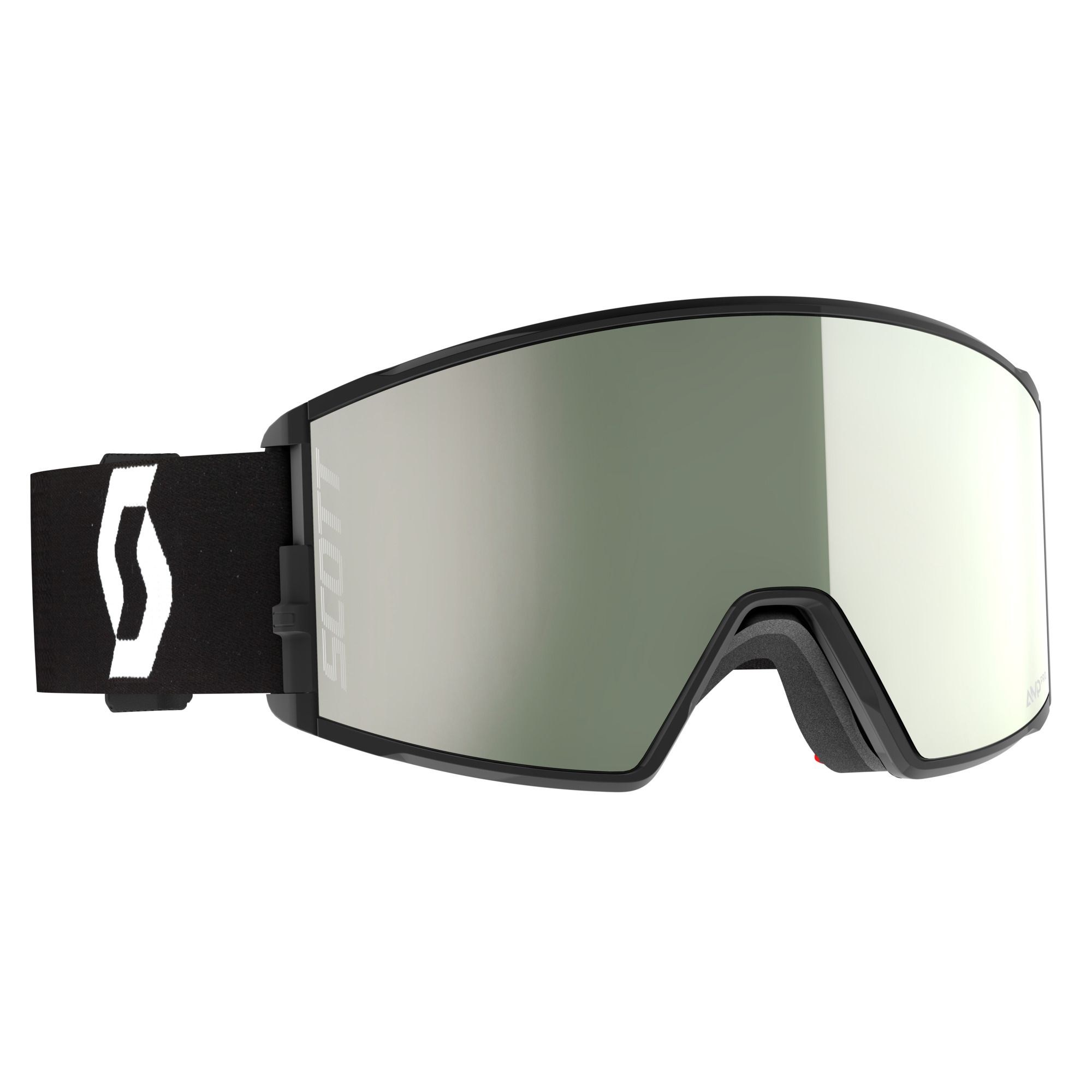 Scott React Skibrille in Schwarz/Weiß, Frontansicht. Das Band ist schwarz mit weißem Logo.