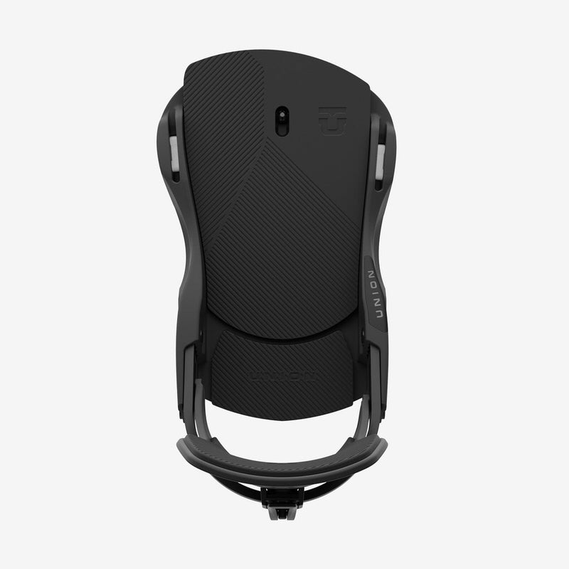 Schwarze Union Snowboardbindung Schwarze Union Atlas Force Snowboardbindung, Frontansicht mit Texturdetails und "Union"-Logo.