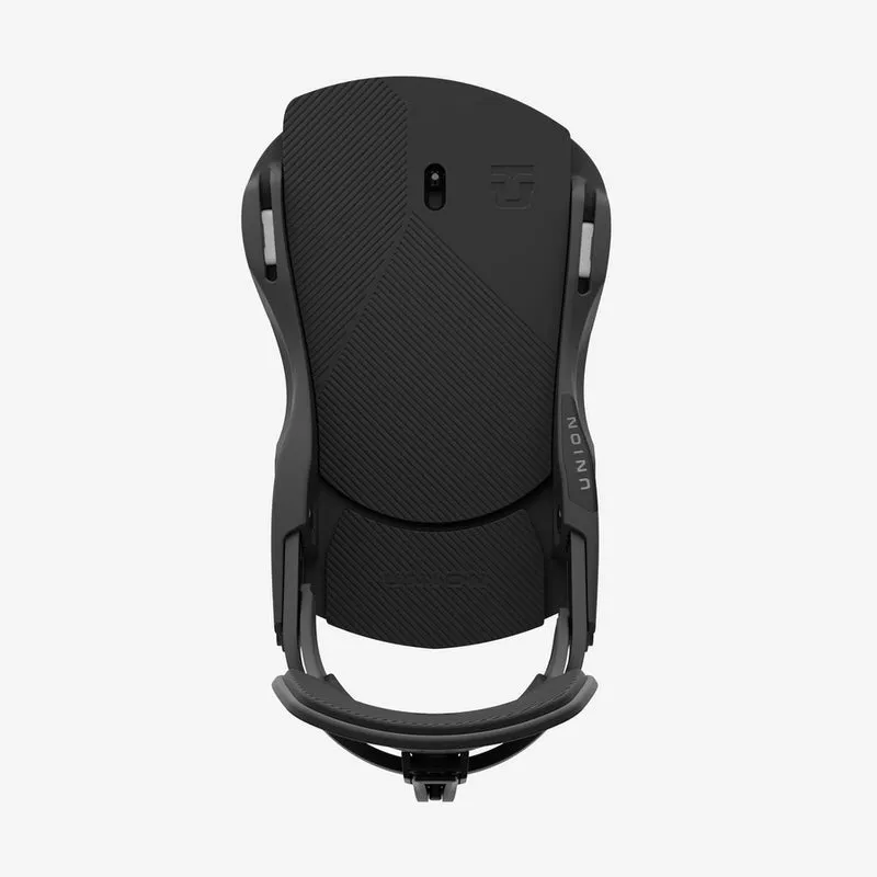 Schwarze Union Atlas Force Snowboardbindung, Frontansicht mit Texturdetails und "Union"-Logo.