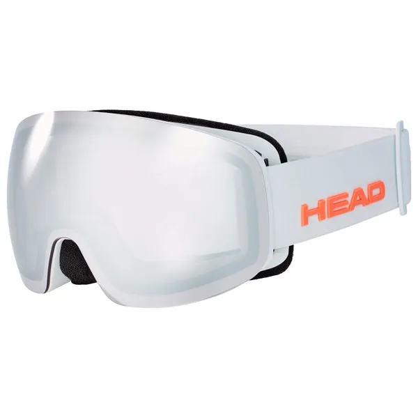 White Head Galactic FMR Chrome ski goggles with mirrored lens and orange logo on the white strap.