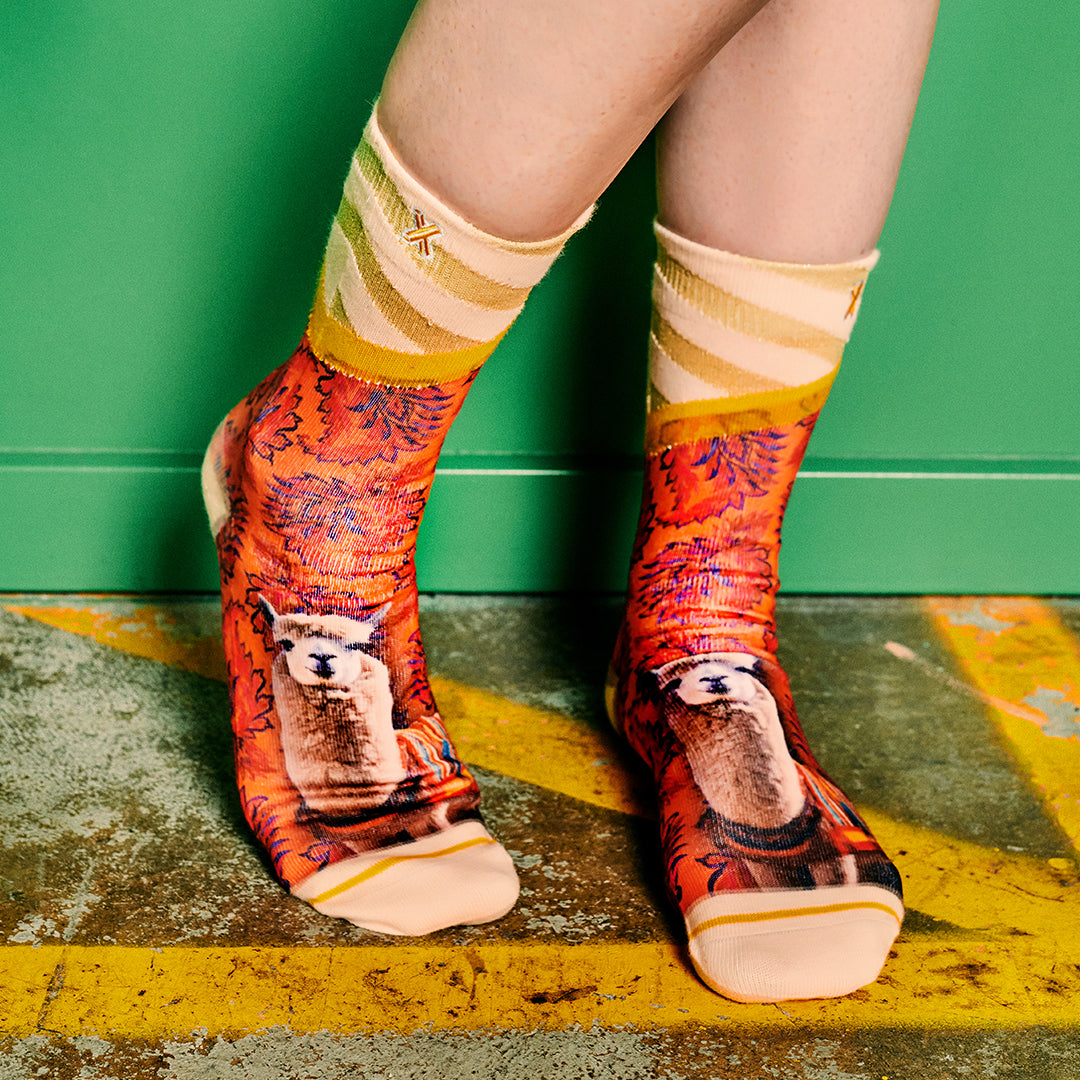 Chaussettes d'alpaga en détail Gros plan sur des pieds en chaussettes avec des alpagas, des feuilles tropicales et des rayures jaunes sur fond vert.