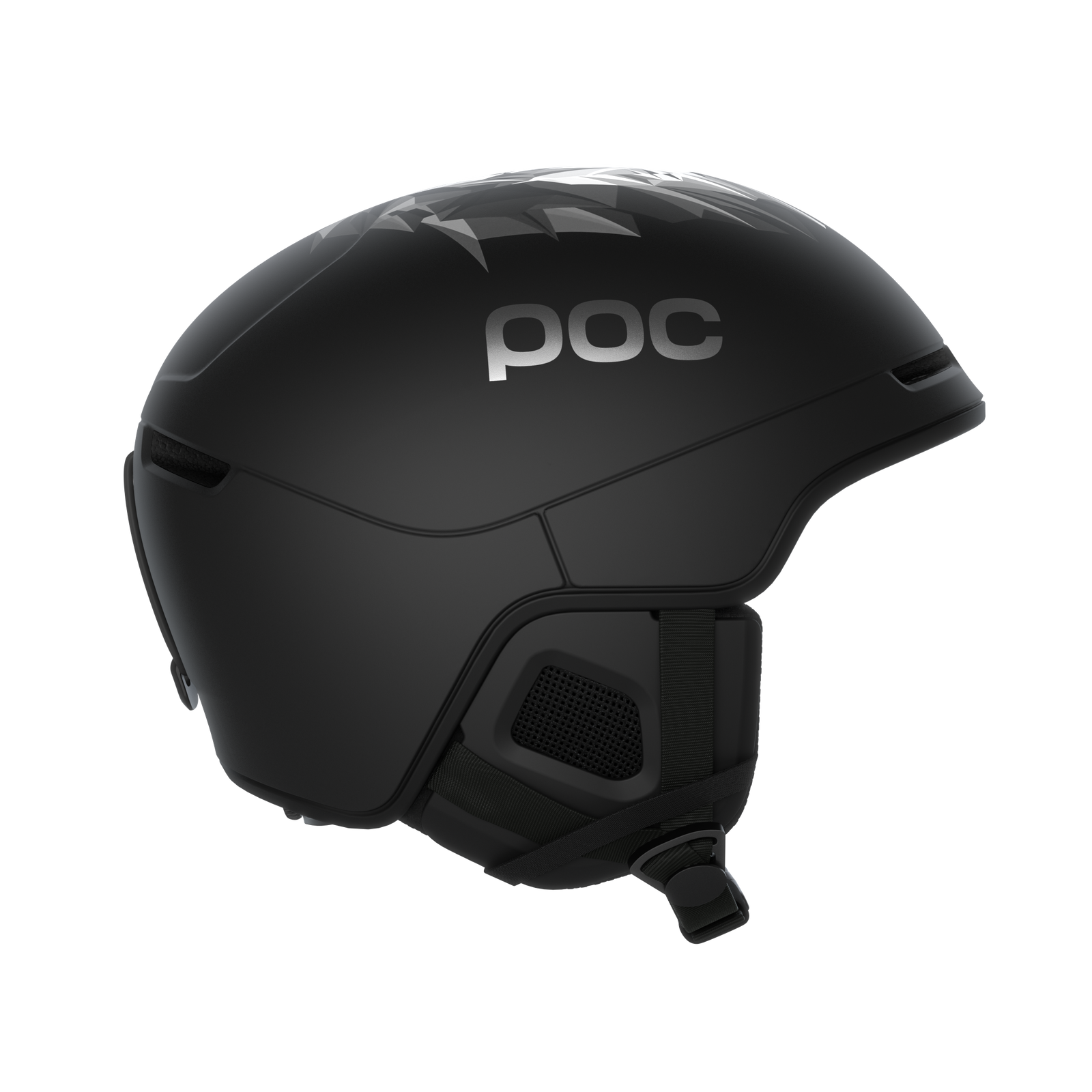 Casco da sci POC nero Casco da sci POC Obex Pure nero, vista laterale, con sottile motivo a leone e logo POC sul lato.