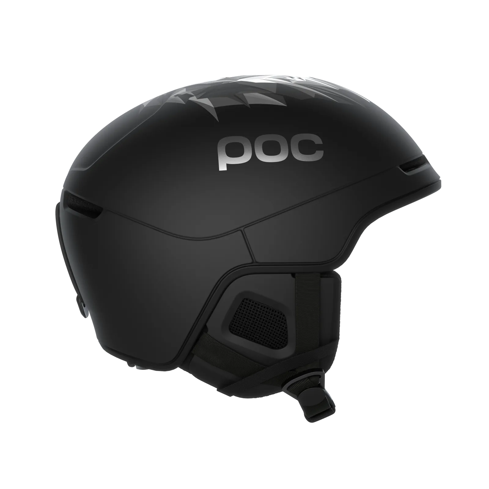 Casque de ski POC Obex Pure noir, vue latérale, avec un discret motif de lion et le logo POC sur le côté.