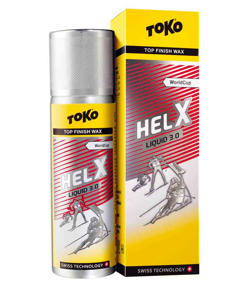 Gelbe Dose und Sprayflasche Toko HelX liquid 3.0 Red mit Skifahrer Illustration.