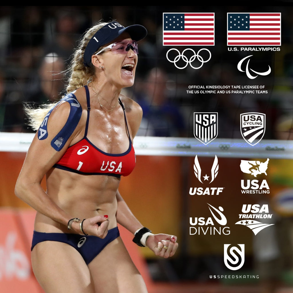 Sportlerin mit KT Tape Pro am Arm jubelt, US Olympia Logos im Hintergrund.