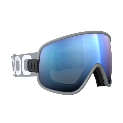 Lunettes de ski grises avec lentille bleue réfléchissante et bande blanche avec logo POC.