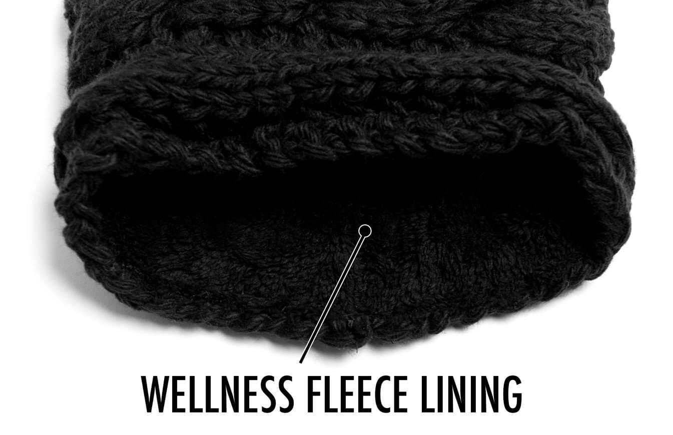 Close-up of a black knitted stroller neckwarmer with Wellness Polar fleece lining.