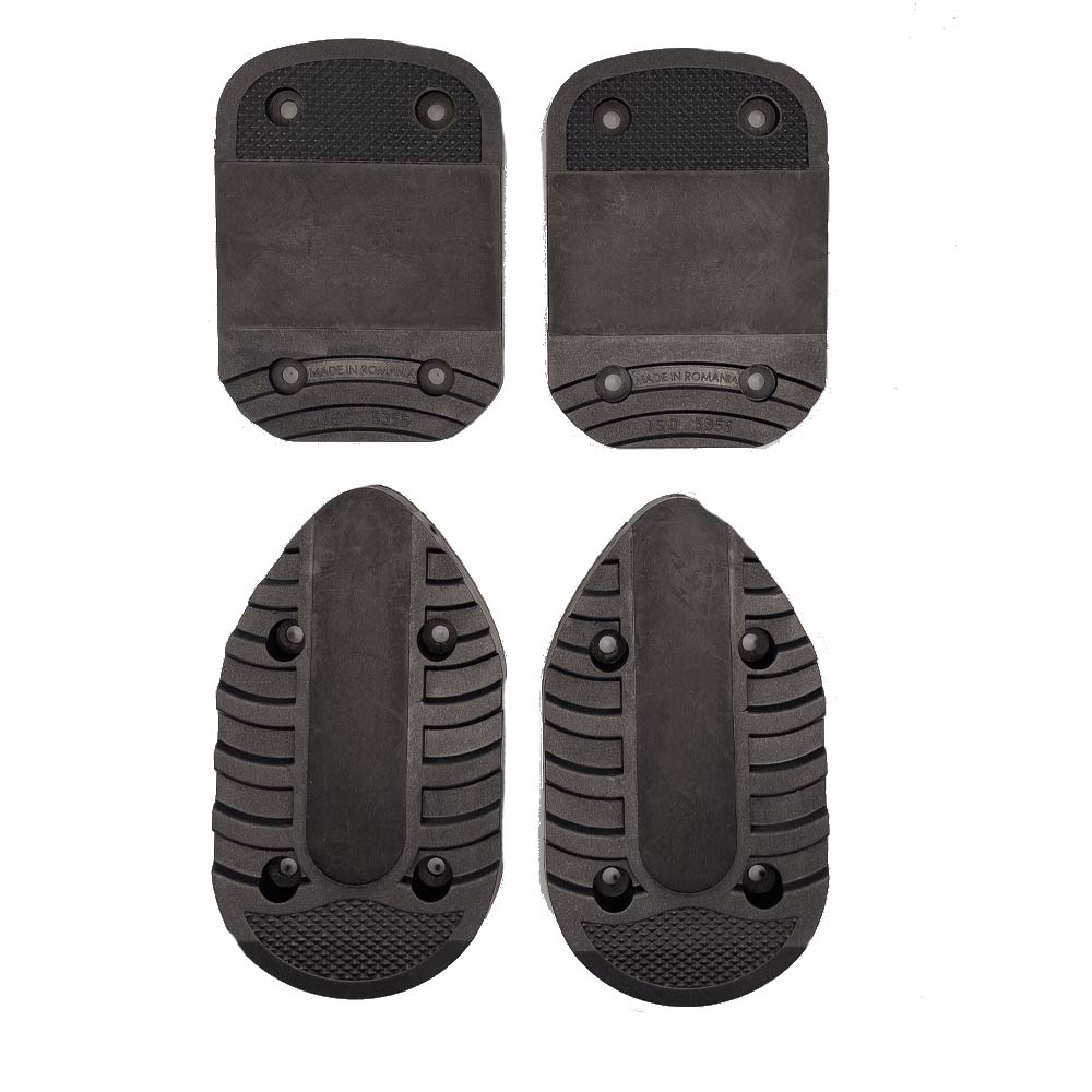 Kit de semelles de rechange Alpine Quatre semelles de rechange noires Lange RX/LX Alpine, deux plaques de talon et deux plaques d'orteils, isolées sur un fond blanc.