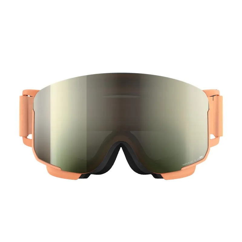 Ski goggles in peach color with mirrored lenses, photographed frontally against a white background.