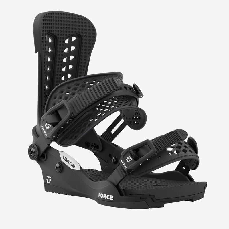 Schwarze Snowboardbindung Schwarze Union Force Snowboardbindung mit gelochtem Highback und Riemen auf weißem Hintergrund.
