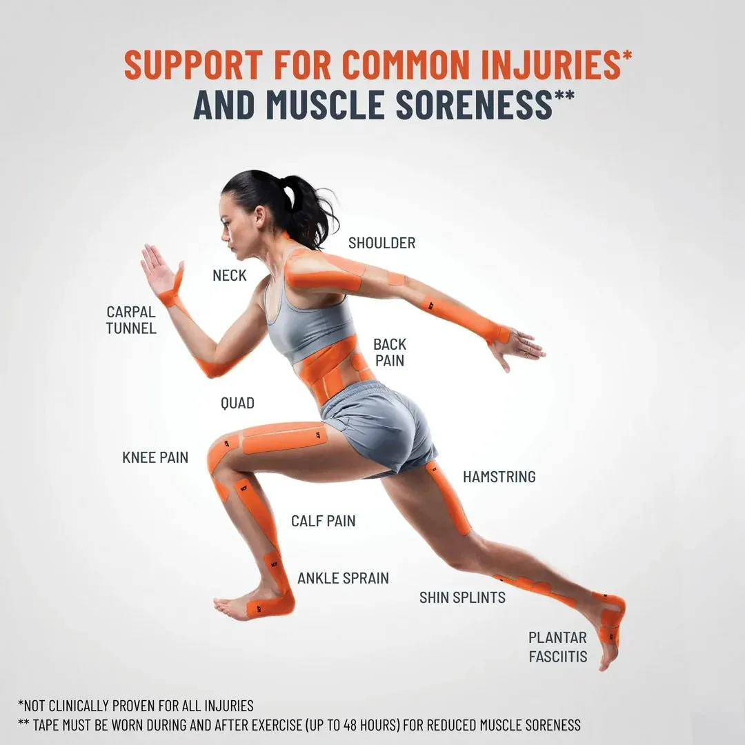 Coureur avec Kinesiotape à différents endroits du corps pour soulager la douleur et stabiliser, par exemple, des groupes musculaires ou des articulations.