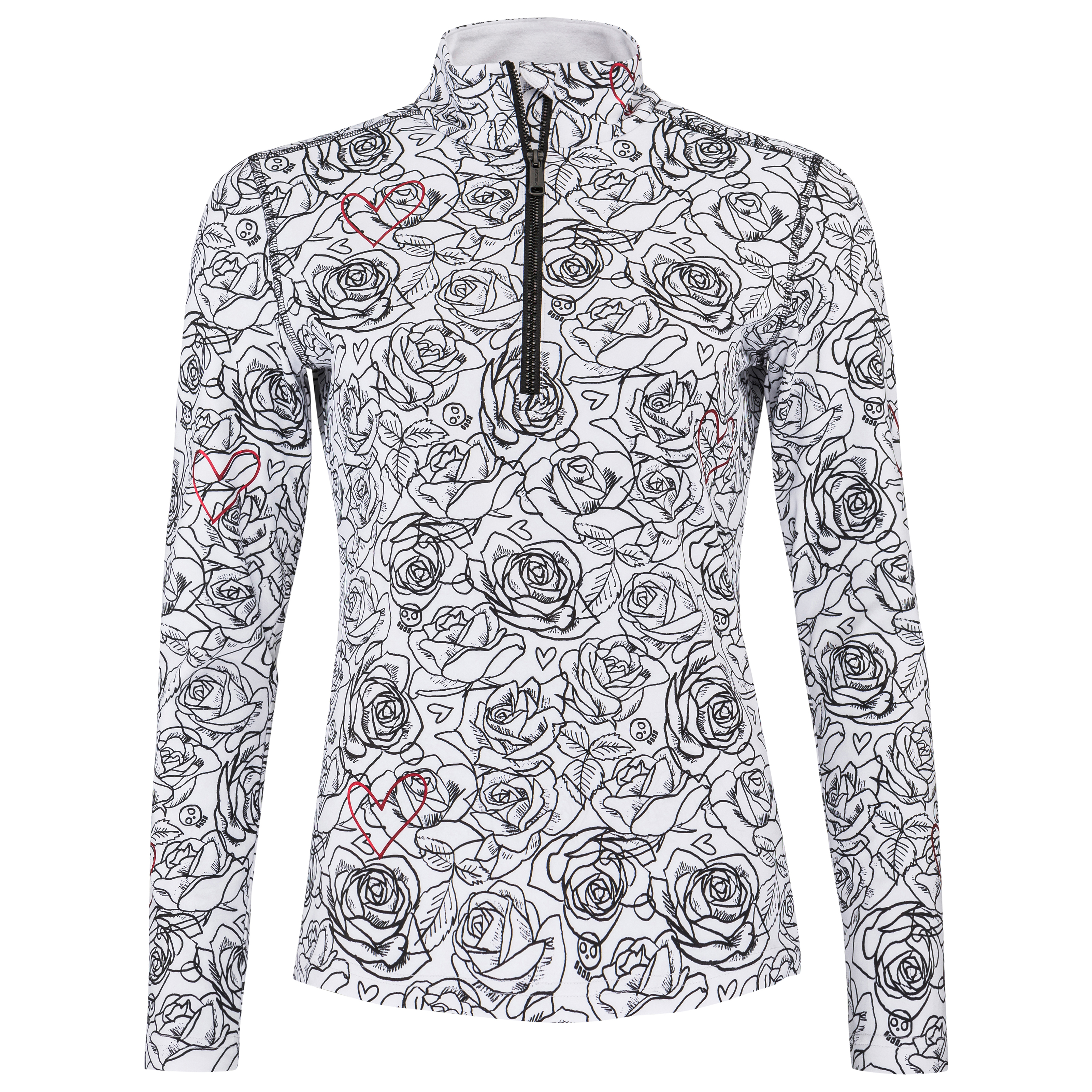 Haut blanc à manches longues, col montant, zip noir court. Motif de silhouettes de roses et feuilles noires, avec petites silhouettes de cœurs rouges et têtes de mort « BGBG ».