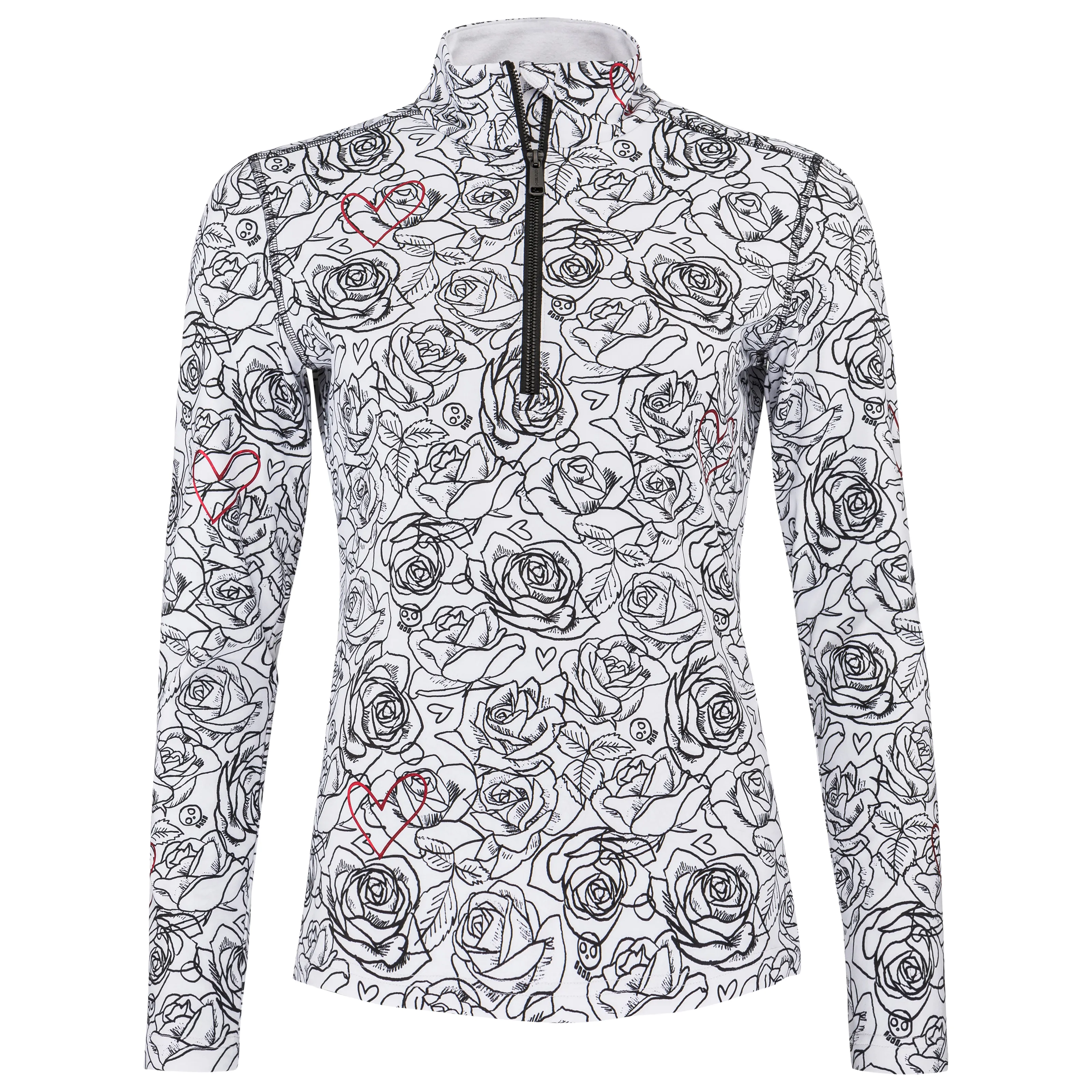 White long-sleeved top with a stand-up collar and a short black zipper, entirely decorated with a pattern of black rose and leaf outlines. In between are small red heart outlines and skulls with the inscription “BGBG.”