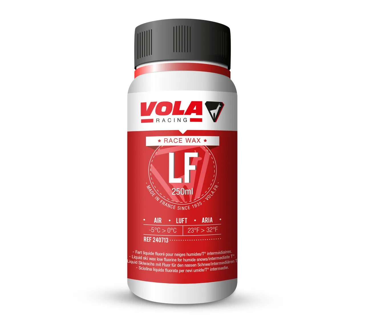 Eine rote und weiße Flasche mit grauer Kappe, auf der "VOLA RACING Race Wax LF 250ml" steht.